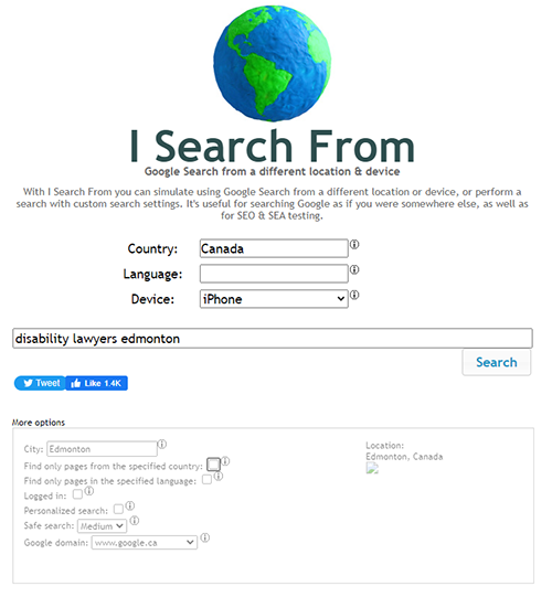 Isearchfrom is a search tool that allows you to see unpersonalized results for a specified country, search term, device, and language..