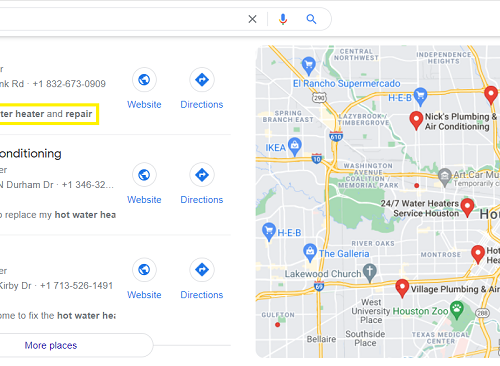 example of how Google will show map pack results based on website content