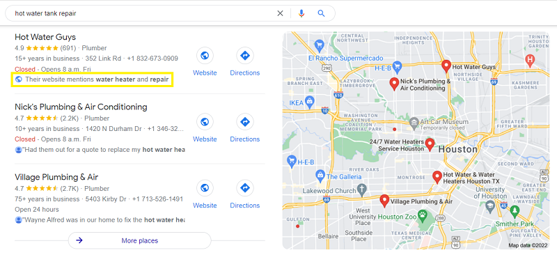 example of how Google will show map pack results based on website content