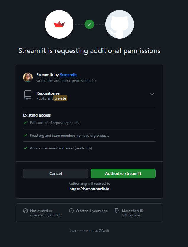 Authorize Streamlist to use your Github repo.