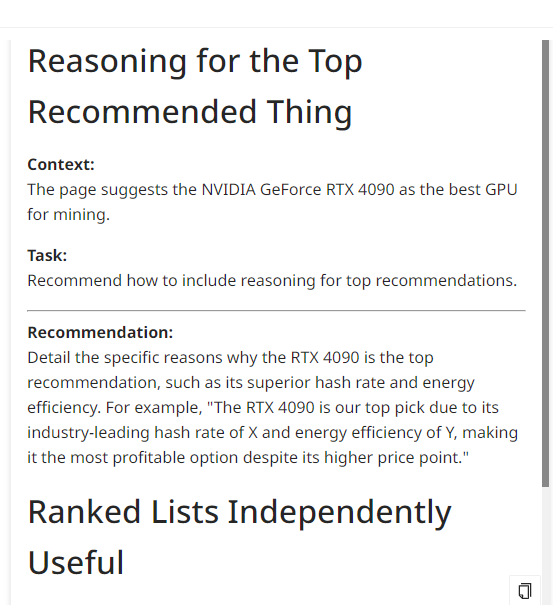 Example of a specific recommendation from the quality review checker app