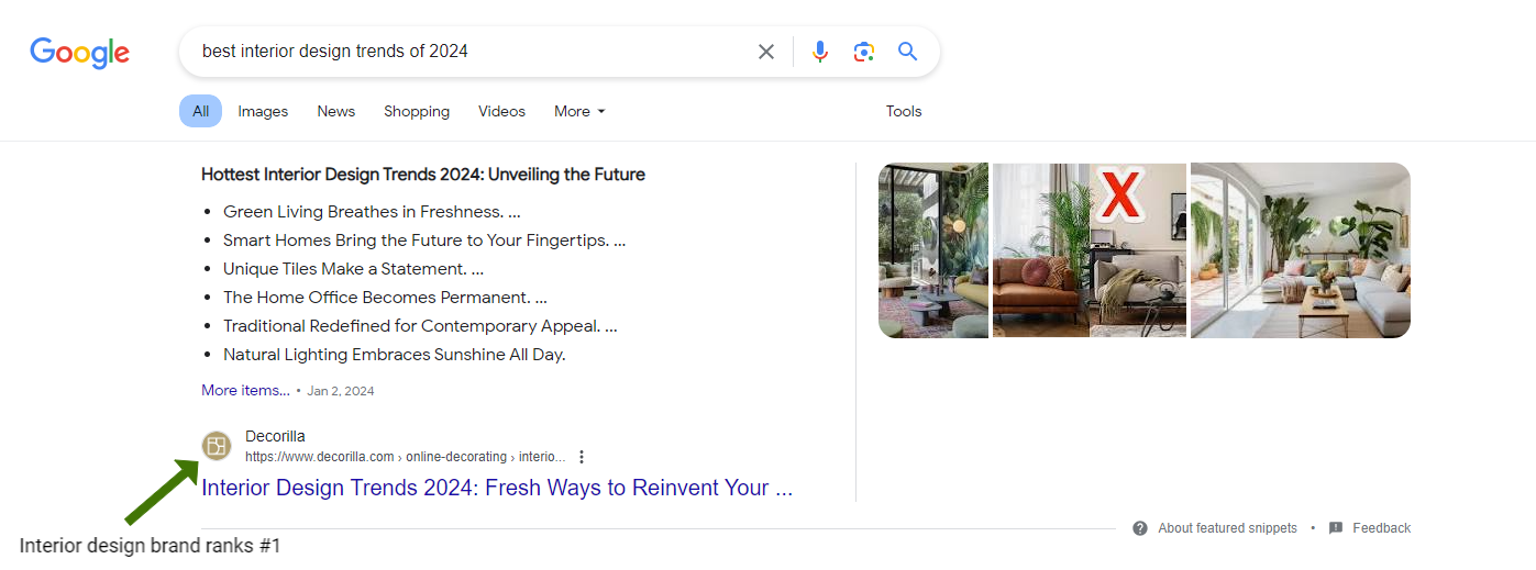An interior design brand ranks #1 for the search term "best interior design trends of 2024".