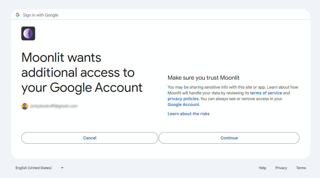 Screenshot of authorizing Moonlit to my Google account