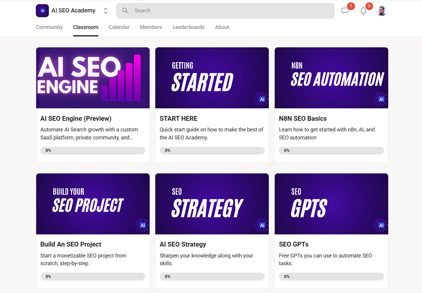 Preview of the AI SEO Academy group on Skool. Showing several modules from getting started to free GPTs and strategy modules.
