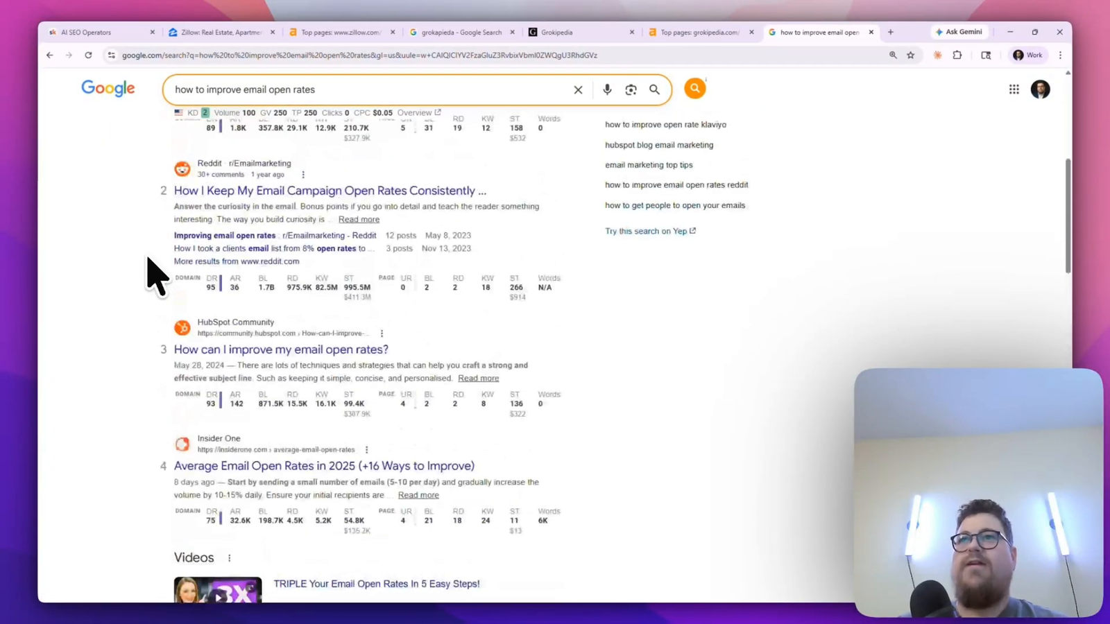 Google search results for "how to improve email open rates" dominated by email and marketing brands &mdash; the stay-in-your-lane SERP test for AI content topic selection.